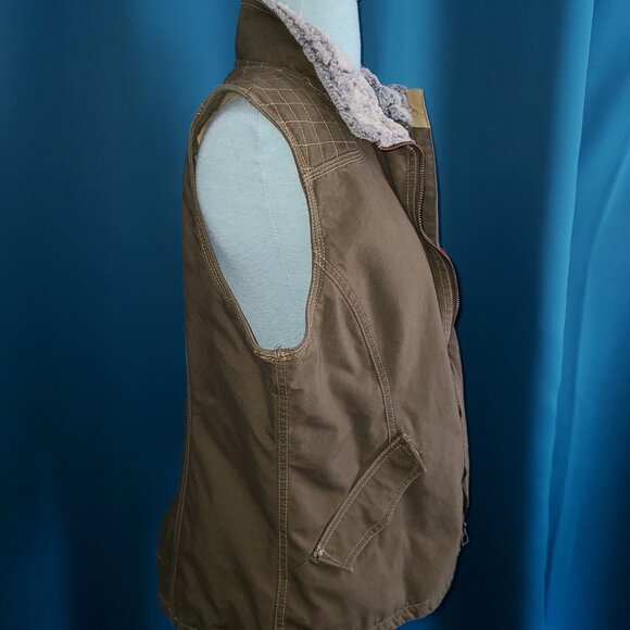 Heavy Duty Army Green Canvas Vest w/faux fur collar – L - Picture 4 of 12